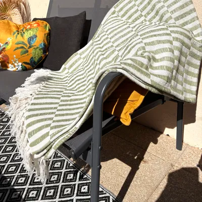 Plaid 100% coton Olive et crème 